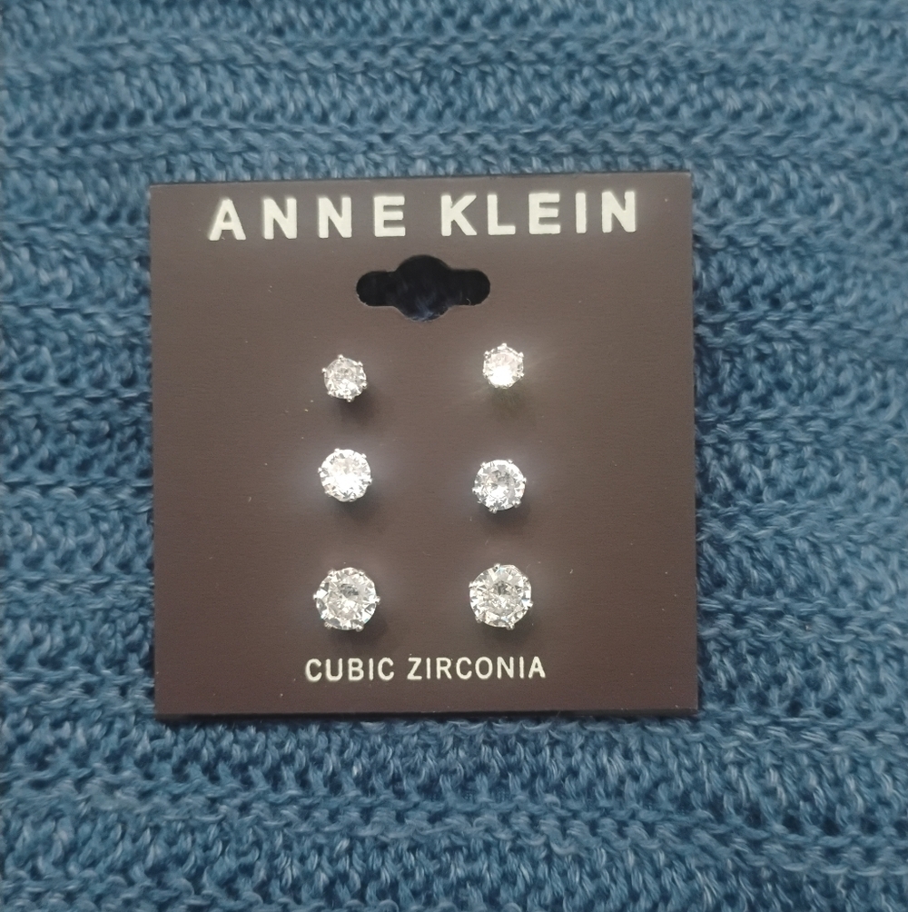 Anne Klein Silver Cubic Zirconia Stud Earrings Gift Set 3 Pairs NWT